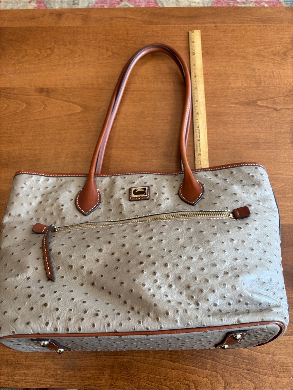 Dooney & Bourke Taupe Ostrich-Embossed Leather Tote with Brown Trim
